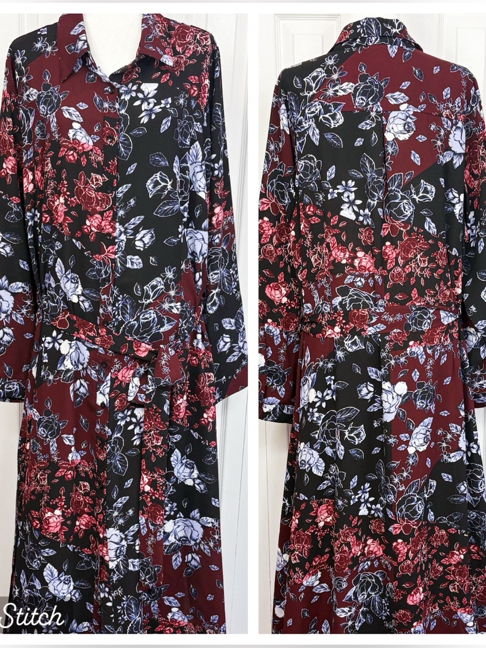 NWT City Chic Black Burgundy Floral Patchwork Boho Long Sleeve Maxi Shirtdress
